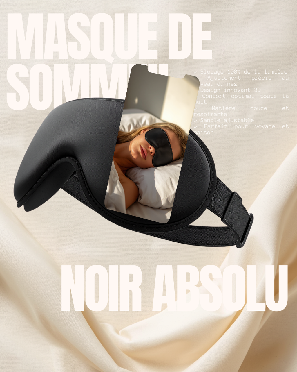 Masque de sommeil 3D – Occultant, confortable et respirant
🌑 Blocage lumière 100% · 💪 Récupération profonde · 🌿 Anti-migraine