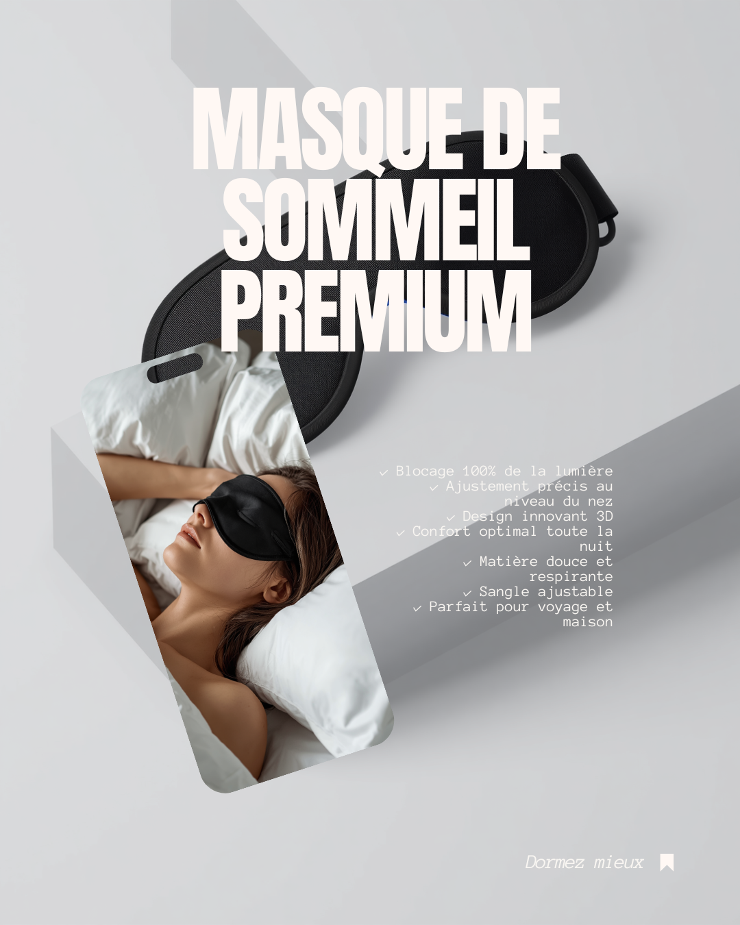 Masque de sommeil 3D – Occultant, confortable et respirant
🌑 Blocage lumière 100% · 💪 Récupération profonde · 🌿 Anti-migraine